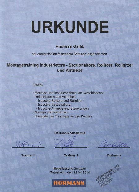 Urkunde Andreas Gallik Montage Industrietore - Rolltore - Rollgitter & Antriebe