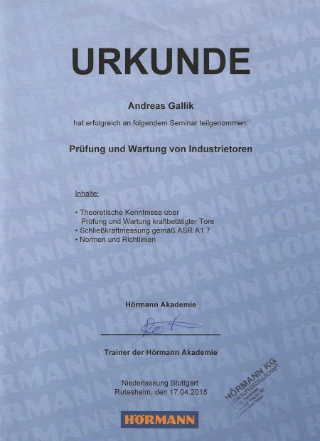 Urkunde Andreas Gallik Prüfung & Wartung Hörmann